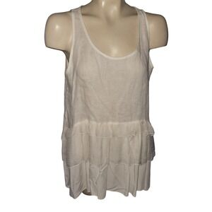 ANGELA MARA White Linen Blend Tiered Ruffle Tank Tunic Top Breathable sexy beach